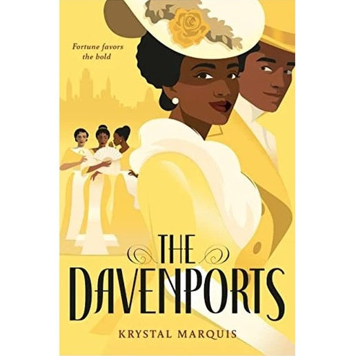 Book cover, "The Davenports," yellow, illustration style, Black characters, elegant hats and attire.